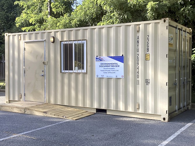This trailer is in the parking lot of the Potomac Community Library. Inside are 18,000 pages of Environmental Impact Study for the widening of the American Legion Bridge and 48 miles of the Beltway and I-270 to allow adding four lanes that would be accessible with tolls, two lanes in each direction.
