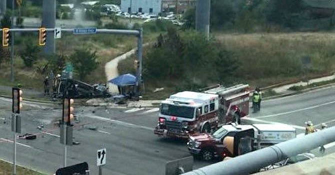 Emergency vehicles on the scene at the intersection of North Kings Highway and Telegraph Road following the crash that killed Robert Bloom.