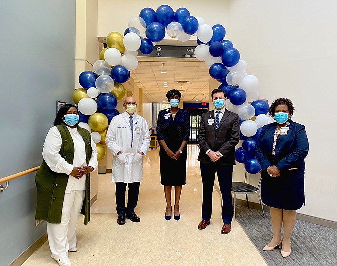 Hospital Administration Team, from left, Tammy Barnes, Vice President of Finance, IMVH; J. Stephen Jones, MD, President and Chief Executive Officer of Inova Health System; Roberta Tinch, Inova Mount Vernon Hospital President and Administrator of the Inova Musculoskeletal; Tyler Winks, Senior Director of Hospital Operations, IMVH; Alquietta Brown, PhD, RN, Chief Nursing Officer, IMVH.