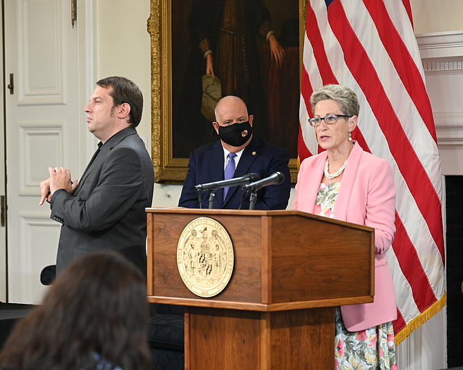 State Superintendent of Schools Karen Salmon speaks at a press conference with Maryland Governor Larry Hogan Aug. 26. Salmon suggested schools evaluate their plans after the first quarter.