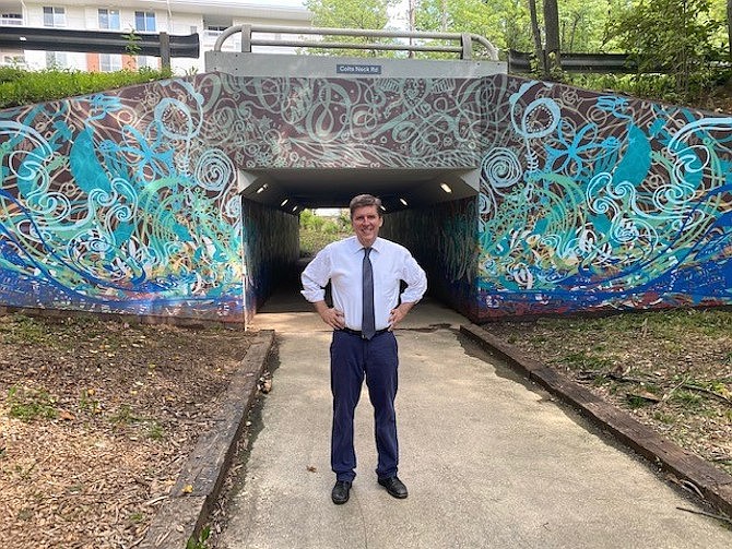 Supervisor Walter Alcorn (D-Hunter Mill District) visits the permanent public artwork for the Reston community at the Colts Neck Road underpass. Artist and educator Ben Volta created Thoreau's Ensemble in 2019, facilitated by Public Art Reston. "We live in a vibrant, diverse community with great trails, lakes, public art and more. Get out and explore," said Alcorn.
