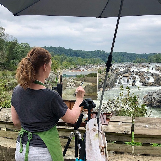 Artist Debra Dartez sets up at Great Falls Park to paint for Paint Great Falls Plein Air Competition.