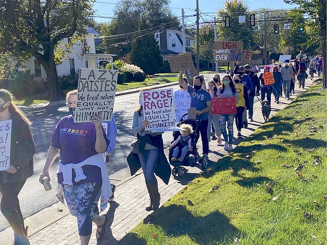 With Elden Street in the background, participants in the Women's March on Herndon held Saturday, Oct. 17, 2020, head toward the old Town Hall for a rally.  Being a sister march to the Women's March 2020 in Washington, D.C., organizers and speakers encouraged women to vote in the upcoming November 3 elections.