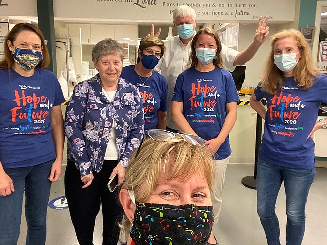 Technical coordinators at The Lamb Center during the live, online event were (in back, from left) Doris Paul (staff), Karen Kershenstein (board), Carol Dieterle (board), John MacPherson (Executive Director), Shannon Allen (board) and Tara Ruszkowski (board); and (in front) Lisa Hess.