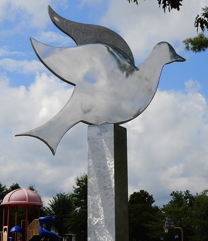 A close-up look at Fairfax City’s Peace Bird in Van Dyck Park.