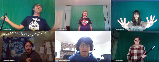 Kyla Bradley, Alison Brown, Piper Anderson, Spoorthi Nadkami, Alejandro Cahoon and Zoe Brennan rehearse an intense battle scene over Google Meet.