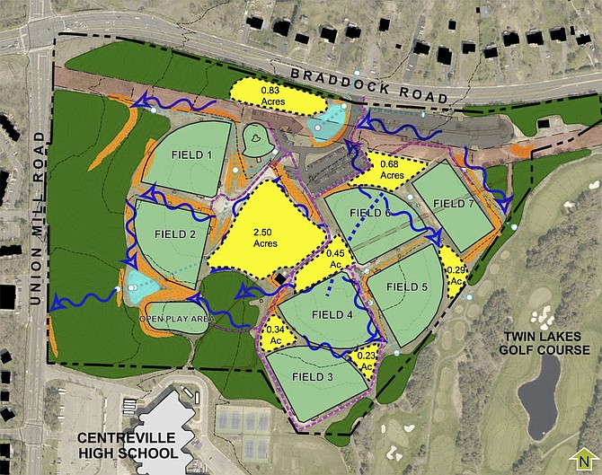 A map of the current uses at Braddock Park. The yellow areas are undeveloped.