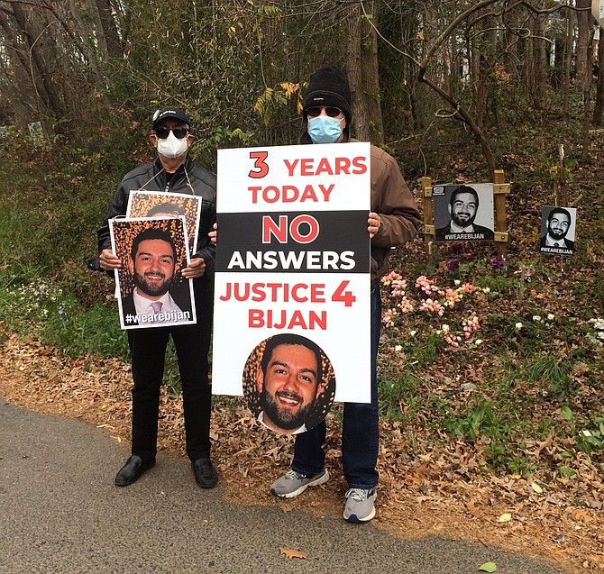 John Bergen with James Ghaisar, father of Bijan, on 11/17/20, the third anniversary of his death, at the site where Bijan was shot.