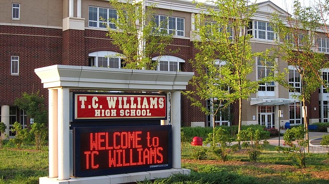 The marquee outside T.C. Williams High School. The School Board voted Nov. 23 to change the name of the school along with Matthew Maury Elementary School.