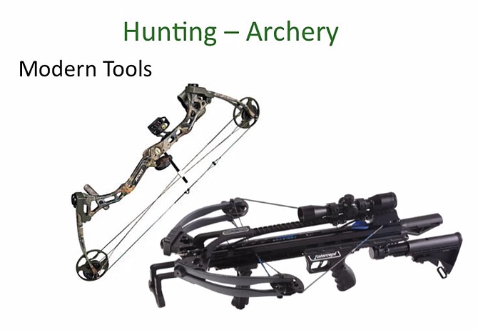(From left) A compound bow and a crossbow. According to GreenFireWeb.com: “No bystander to an archery deer hunt has been struck by an arrow or bolt since Virginia began keeping records of hunting accidents in 1959.”