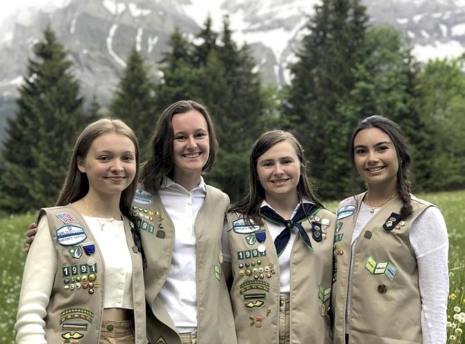 From left:  Juilanna Grimson, Eliza Pastore, Jacqueline Grimso and Maya Alexander Van Scoyoc at the Girl Scout Chalet in Adelboden, Switzerland. Not pictured: Stuthi Iyer.