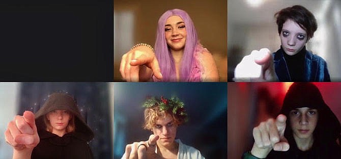Top (left to right): Maya Berry (Ghost of Christmas Past), Elizabeth Ashby (Jacob Marley and Ghost of Christmas Future). Bottom (left to right): Lilah Skoy (Ghost of Christmas Future), Aaron MacDonald (Ghost of Christmas Present), Josh Lewis (Ghost of Christmas Future and Tiny Tim).