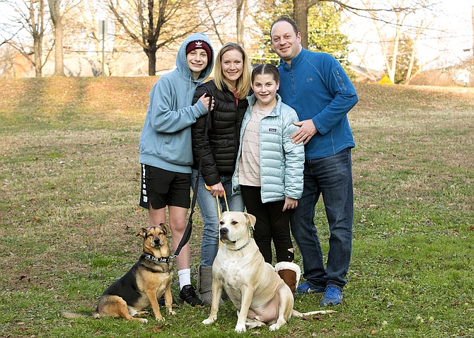 The Greenbergs of Arlington: Josh and Jessica, Jake (14), Justine (11) with Rico and George.