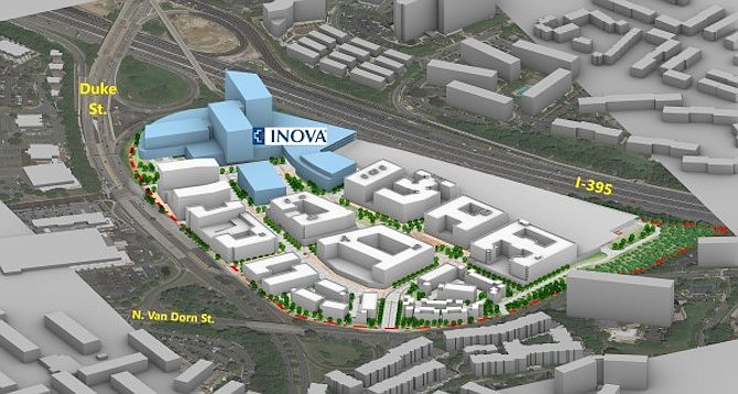 Concept drawing of the four-million-square-foot community that would include the relocated and expanded Inova Hospital along with residential and commercial properties, parks and multi-modal transportation.
