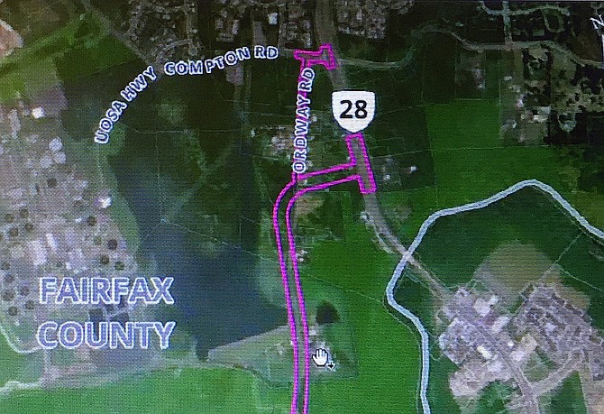 The Route 28 Bypass (in purple) from Prince William County would tie into Fairfax County at Ordway and Compton roads, near Route 28 in Centreville.