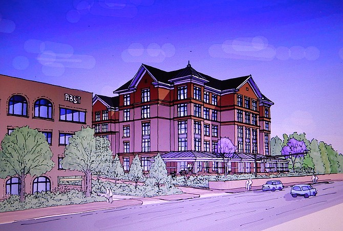 Artist’s rendition of the proposed five-story Sunrise Senior Living building, as seen from Chain Bridge Road.