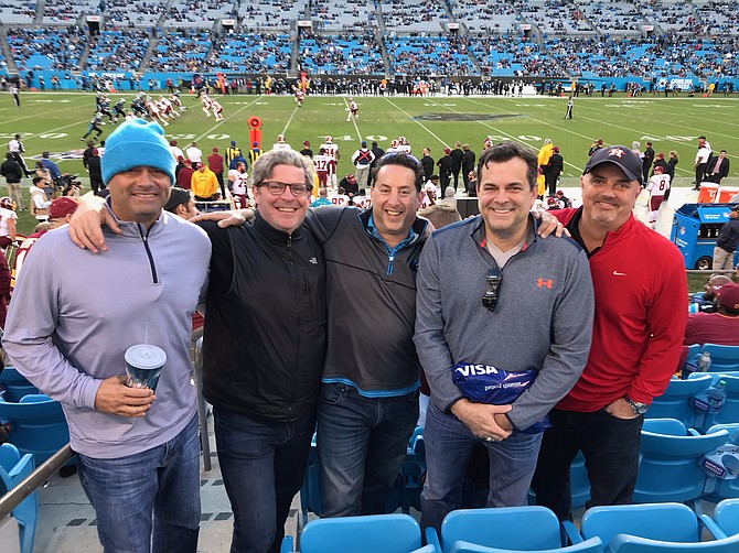 Andy Dinkin with fellow Churchill graduates in Charlotte to celebrate his birthday last year. From left, Joe Preston, Justin Freer, Andy Dinkin, Dan Bernard, Jim Haley, 1987 Churchill graduates.