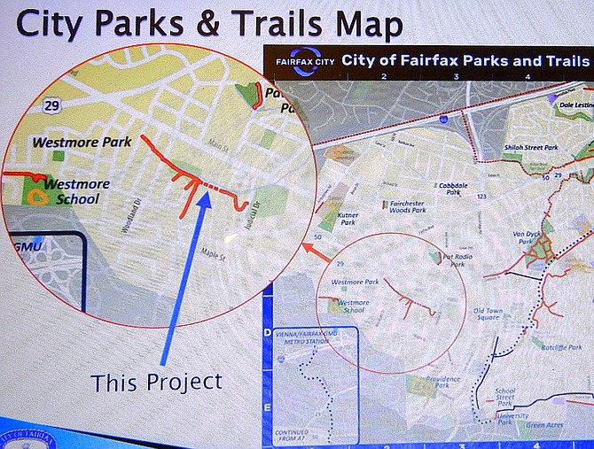 Map of the Judicial Drive trail-connection area in Fairfax City.