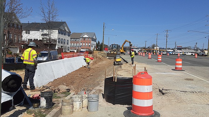 At Old Keene Mill Road and Rolling Road, crews are widening the intersection that will be part of a road widening project from Old Keene Mill Road to the Fairfax County Parkway.