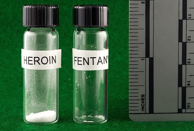 This photo illustrates why fentanyl is so deadly. The bottle on the left contains a lethal dose of heroin, about 30 milligrams. The one on the right contains just 3 milligrams of fentanyl – enough to kill an average-sized, adult male.