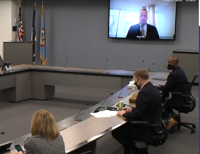Kevin Davis calls in to the Fairfax County Board of Supervisors meeting following the Board's unanimous vote of approval to appoint him the next Fairfax County police chief effective May 3, 2021.