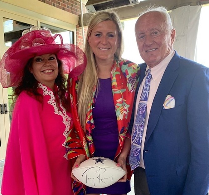 (From left) Great Falls Friends and Neighbors member Sally-Anne Andrew Pyne, who spearheaded the establishment of a GFFN Scholarship Fund in the memory of selfless club member Holly Ann Kuga (1947-2020), joins Kuga’s daughter Katherine Kuga Wenner and husband of 50 years, Dr. Robert E. Kuga of Great Falls, at the GFFN Scholarship Fund Spring Tea 2021.