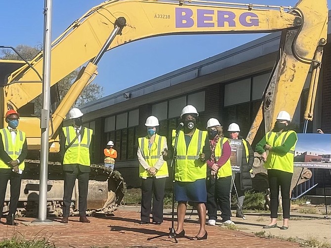 Douglas MacArthur Elementary School principal Penny Hairston speaks on April 26 prior to the beginning of demolition of the 78-year-old school building on Janneys Lane.