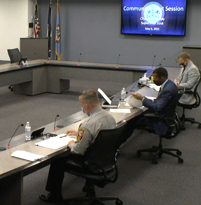 Bottom, from right, Kevin Davis, Chief of Police, Fairfax County Police Department; Supervisor Rodney Lusk (D-Lee); and Chairman Jeffrey C. McKay (D-At-large), Fairfax County Board of Supervisors; at the May 6, Community Input Session with Chief Davis.