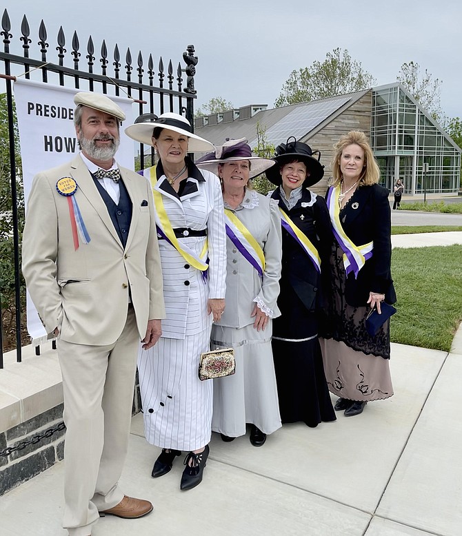 In period dress attending the Turning Point Suffragist Memorial dedication at Occoquan Regional Park, Dave Williams, Debbie Glaser, Julieanne Smith Quinn Jones and Michelle McCall.