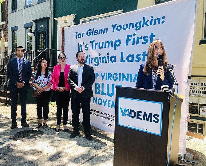 House Speaker Eileen Filler-Corn appears in Old Town Alexandria during a Northern Virginia stop on the “Where Trump Leads, Glenn Follows” Tour.