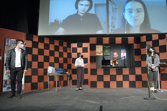 From left top: Michael Aten, Emilia Ermanoski. Bottom:  Ben Cudmore, Chloe Lahr, Will Chapman, Anna Potocki in McLean High School’s production of ‘Vocal Work.’