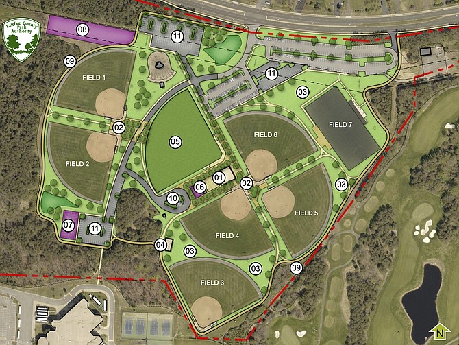 Proposed Master Plan Key: 1. Restrooms, concessions, dining pavilion; 2. Social plaza; 3. Open space; 4. Party pavilion; 5. New softball diamond; 6. Playground/game area; 7. Pickleball courts; 8. Dog park OR community garden plots; 9. One-mile trail loop; 10. Vehicle drop-off area; 11. New parking.