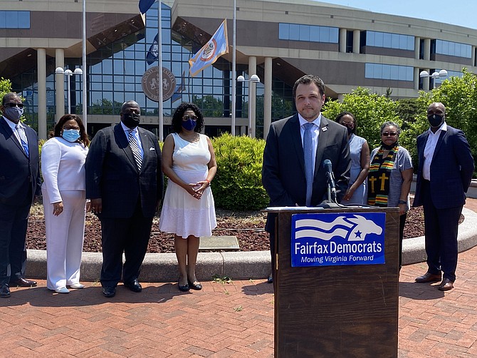 Leaders in the Fairfax County Democratic Committee stand behind FCDC Chair Bryan Graham and call for the County Board of Supervisors to terminate the police chief’s employment.