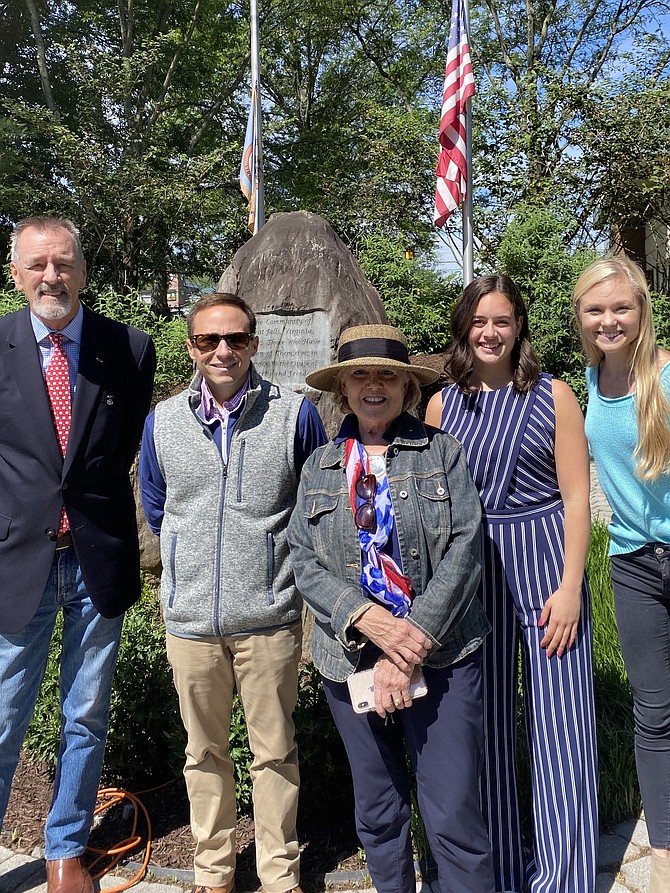 (From left) Andy Wilson, Matt Palmisano, Nancy Wilson, Savannah Zanic, and Abigail Stephenson at the Great Falls Freedom Memorial before the start of the unofficial Memorial Day Observance 2021.