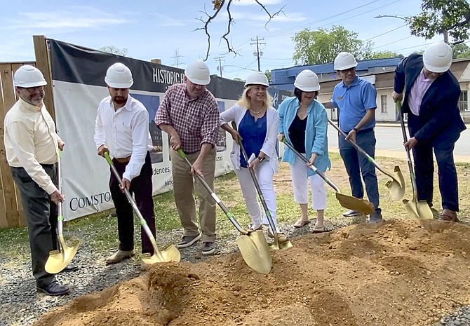 Scott Robinson – Director of Public Works, Cesar Casanova – Project Manager, Sean Regan – Herndon Town Councilmember, Mayor Sheila Olem, Signe Friedrichs – Herndon Town Councilmember, Pradip Dhakal – Herndon Town Councilmember, and Bill Ashton – Town Manager break ground for the much-anticipated Elden-Center Streets Intersection Improvements.