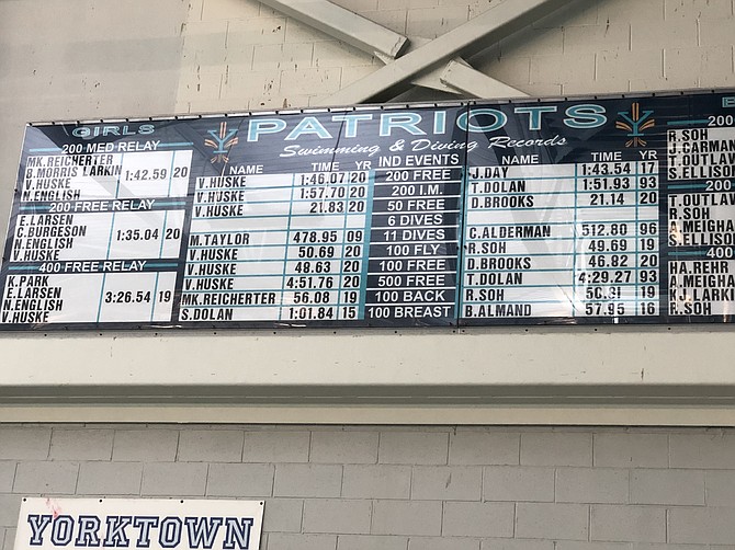 The Records board at Arlington’s Yorktown High pool reflect Huske’s record breaking swims over her four years at Yorktown. She had to miss graduation on June 18th because of Team USA training.