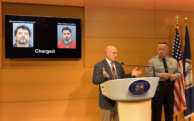 (From left) During a press conference held July 1, Major Ed O'Carroll, Commander of the Major Crimes and Cyber and Forensics Bureaus and Fairfax County Chief of Police Kevin Davis update the community on charges filed against suspects in the murder of Brian Constanza-Campos.