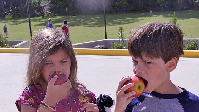 Eight-year-old Norah Swennes takes a bite out of her peach as her six-year-old brother, Charlie, decides on an apple instead. They are visiting the Cherrydale Farmer’s Market on opening day over the July 4th weekend.