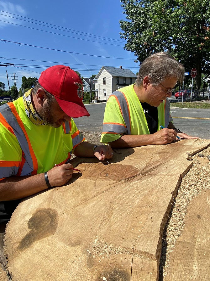 (From left) Victor Lopes, Elden-Center Streets Intersection Improvements Project manager, and John Dudzinsky, Herndon Town Forester, begin counting the growth rings on the Overcup Oak Tree that was struggling as evidenced by signs of disease. It obstructed the approach sight triangle quadrant to the four-legged intersection, causing a vehicular, pedestrian, and cycling safety concern.