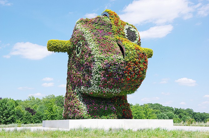 Jeff Koons, Split-Rocker, 2000; stainless steel, soil, geotextile fabric, internal irrigation system, and live flowering plants 37 x 39 x 36 feet.