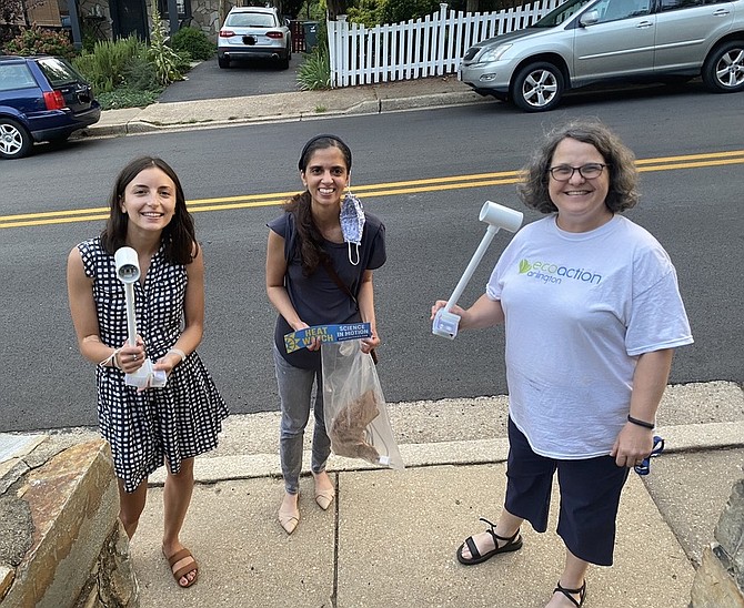 As part of the Virginia Foundation for Independent Colleges’ Heat Watch project, EcoAction Arlington volunteers (from left) Marissa O'Neill and Aisha Husain joined Executive Director Elenor Hodges, holding sensor devices that measure ground level heat.