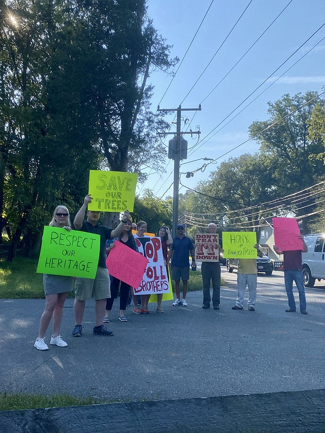 Protestors rally against clearing for the entrance and development of Marmota Farm at 9800 Georgetown Pike, which Toll Brothers does by right. Concerns focus on the width of the entrance to the development, tree loss, and preserving the integrity of Georgetown Pike.