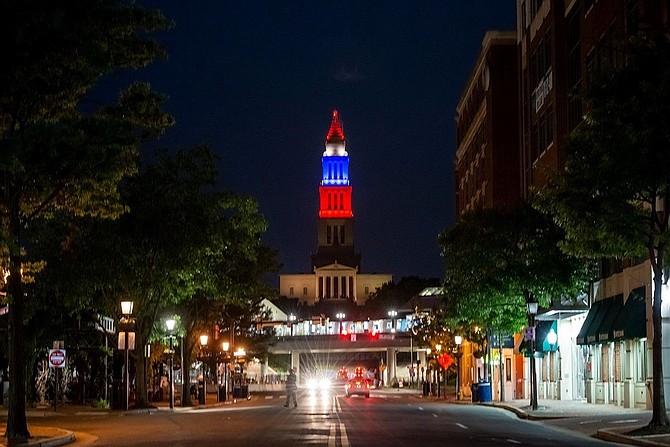 The Masonic Temple all decked out in red, white and blue