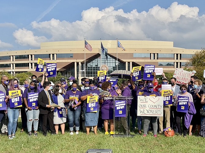 Rallying for Collective Bargaining in front of the Fairfax County Government Center.