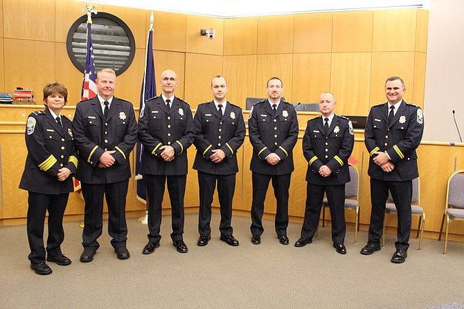 From left, Chief Maggie Deboard, Herndon Police Department, Lieutenant Jaysyn Carson, Lieutenant Mark Dale, Lieutenant Charles Findley, Lieutenant Jeffrey Lange, Captain Justin Dyer, and Captain Steven Pihonak