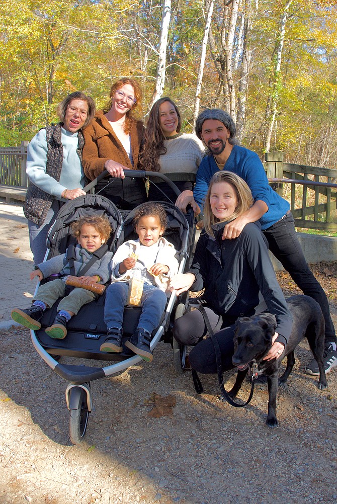 Amanda Ellauri, Cora Roberts, Francis Scarborough, Christian Ellauri, Erin Ellauri and Mason and Marcel Girasso. A family get-together with Ruben their dog on the towpath near Great Falls.