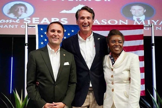 Virginia attorney general-elect Jason Miyares (R), governor-elect Glenn Youngkin (R), and lieutenant governor-elect Winsome Sears (R)