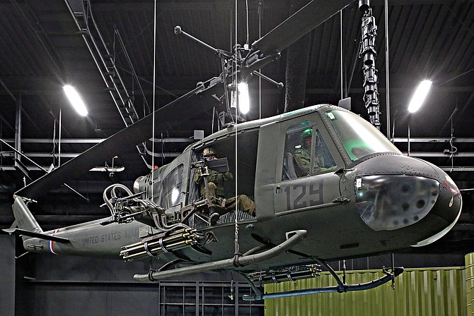 A Huey dangles from the ceiling at the Army Museum in Fort Belvoir.