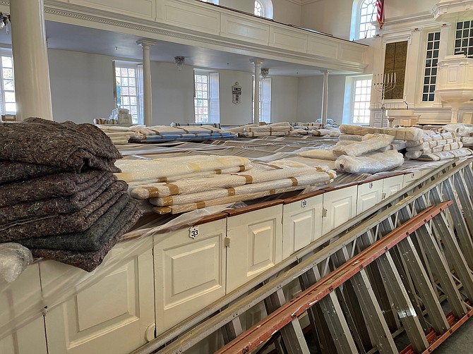 The inside of Christ Church is filled with construction supplies as assembly of the new pipe organ begins in December of 2021.