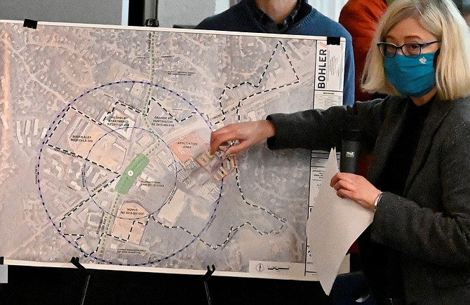 The developer’s agent, Lynne Strobel, Points to the Alexandria Crossing location, which, like the Penn Daw terrace mobile home park and the Walmart, is within the half-mile circle around the future Penn Daw Bus Rapid Transit station.